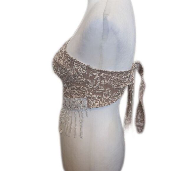SHEIN strapless tie back halter crop top, taupe tan floral, white fringe S - Picture 2 of 8